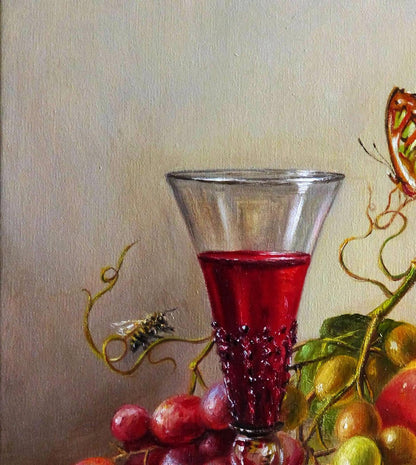 Oil painting Fruity notes Valeriy Bulat: goblet with faceted base, deep red wine