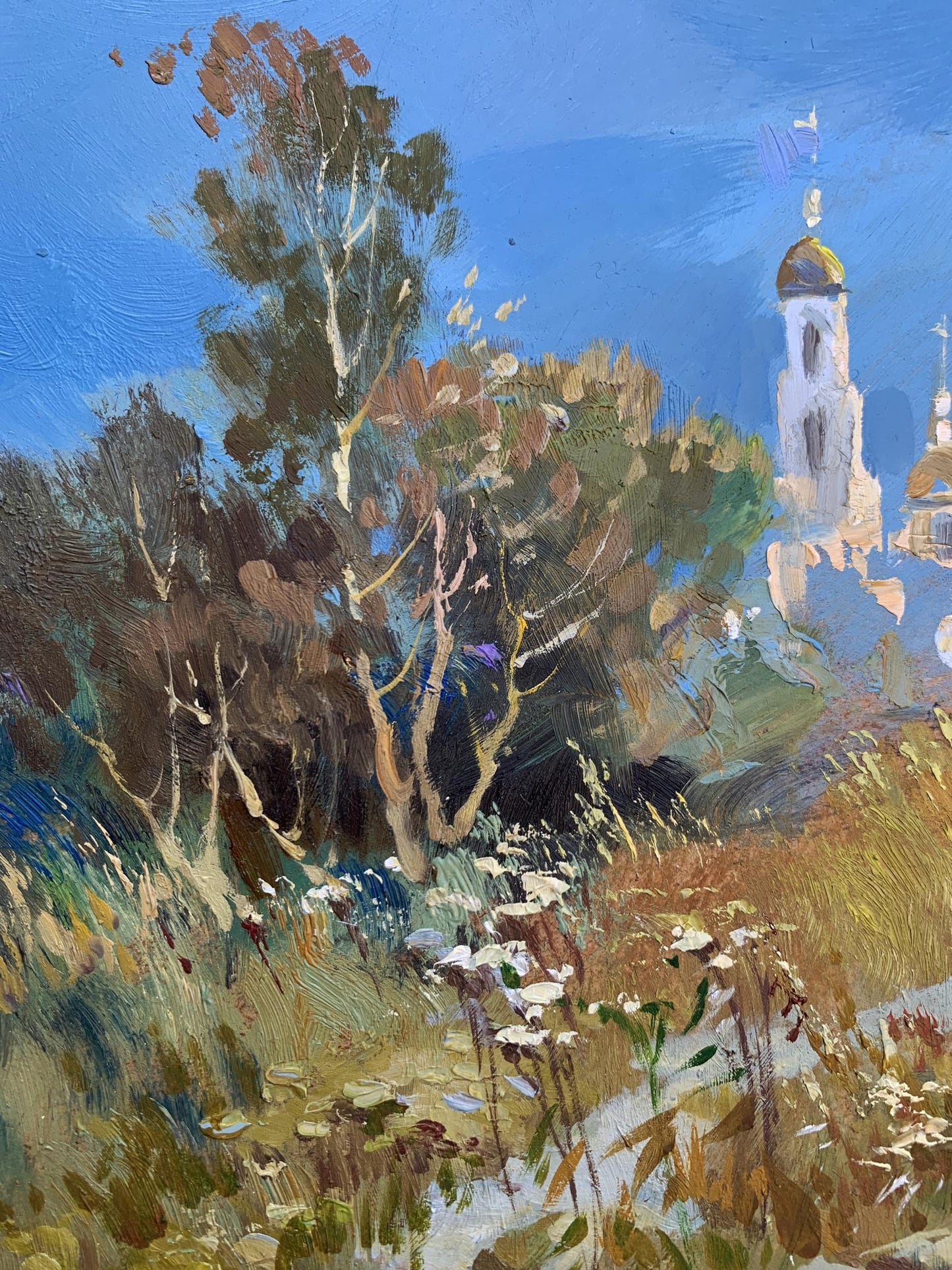 Oil painting of Yuriy Suprunchuks moonlit white church with golden dome and trees