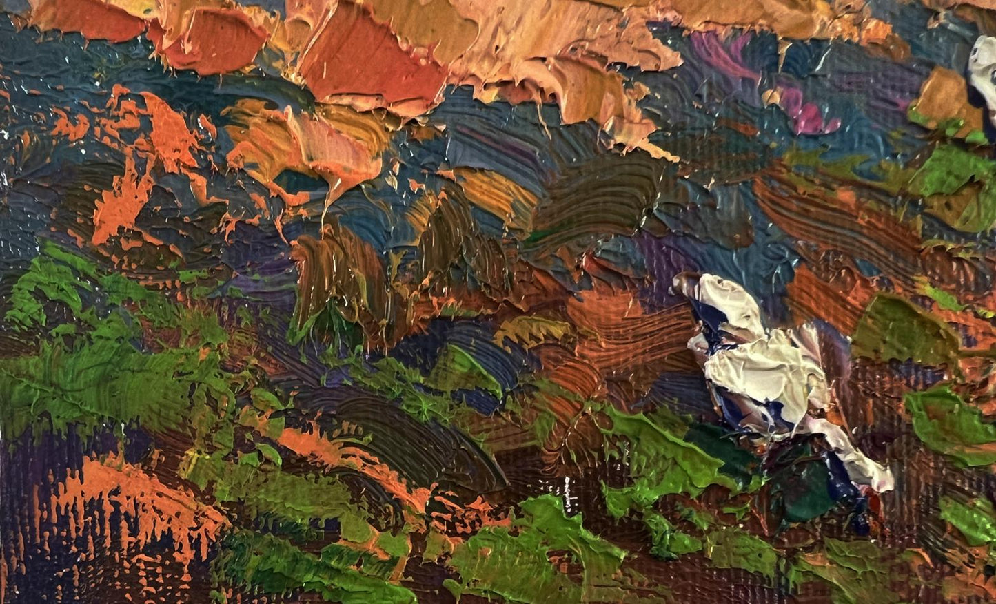 Oil painting Geese in the village Oksana Ivanyuk with impasto orange green blue strokes