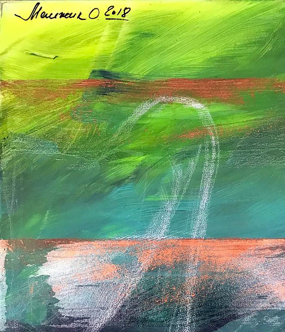 Vibrant abstract acrylic painting Joy by Olga Melezhik in green teal orange