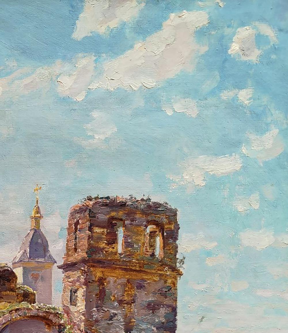 Oil painting of ancient castle by Leonid Pavlenko, textured stone tower