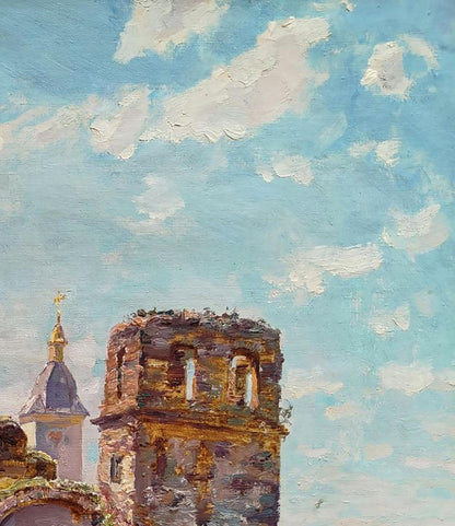 Oil painting of ancient castle by Leonid Pavlenko, textured stone tower