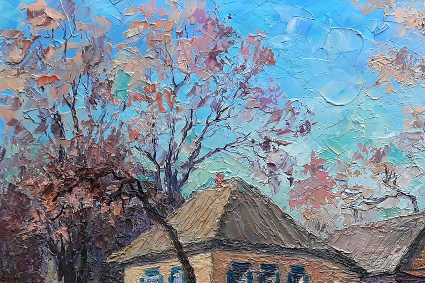 Oil painting by Boris Serdyuk: rural landscape with autumn house and trees
