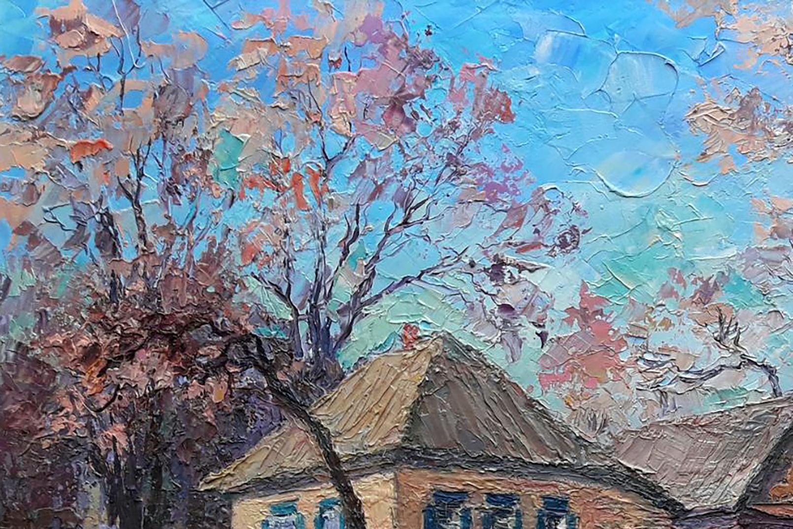 Oil painting by Boris Serdyuk: rural landscape with autumn house and trees
