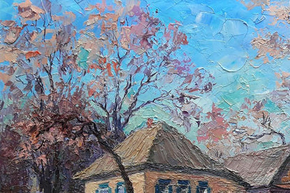 Oil painting by Boris Serdyuk: rural landscape with autumn house and trees