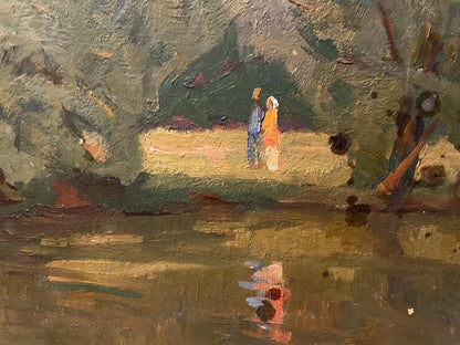 Oil painting Walk near the river by Nikolai Bortnikov, impressionistic path by water