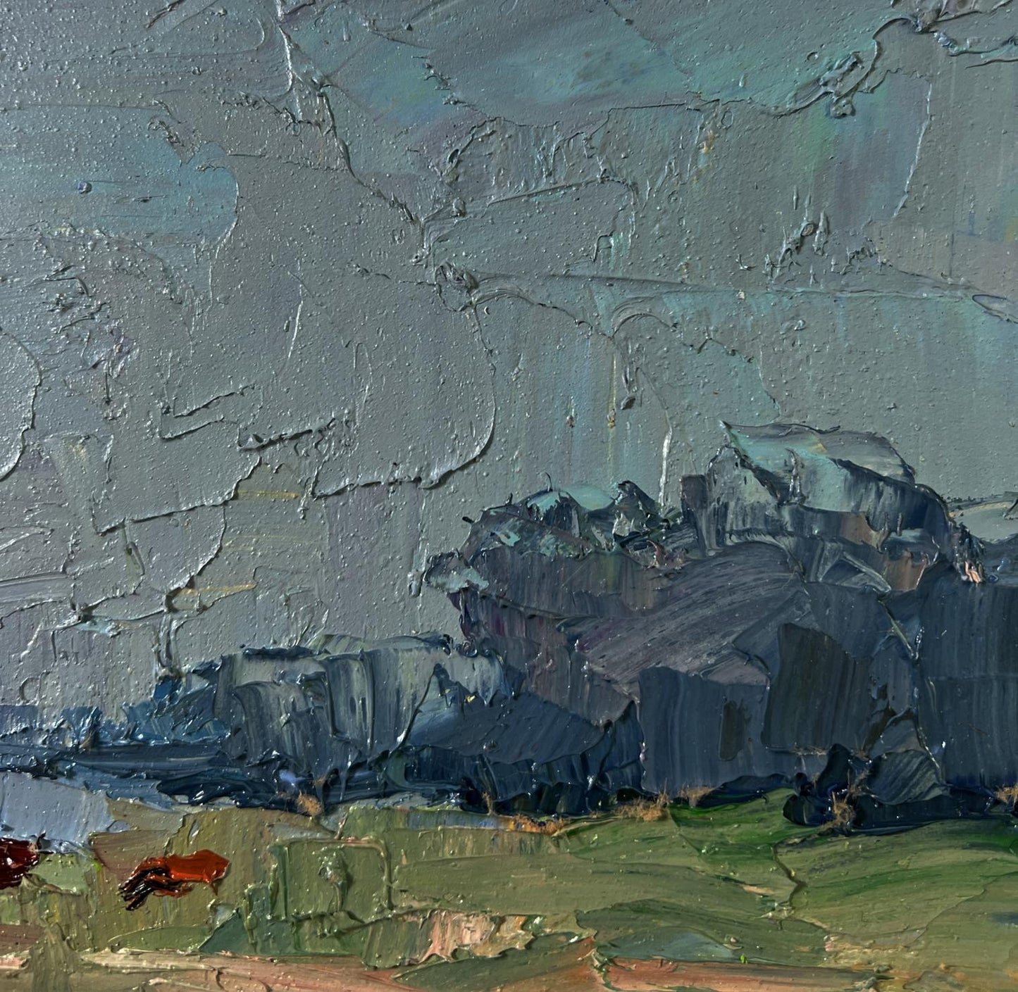 Textured impressionistic oil painting of field with cows by Boris Serdyuk