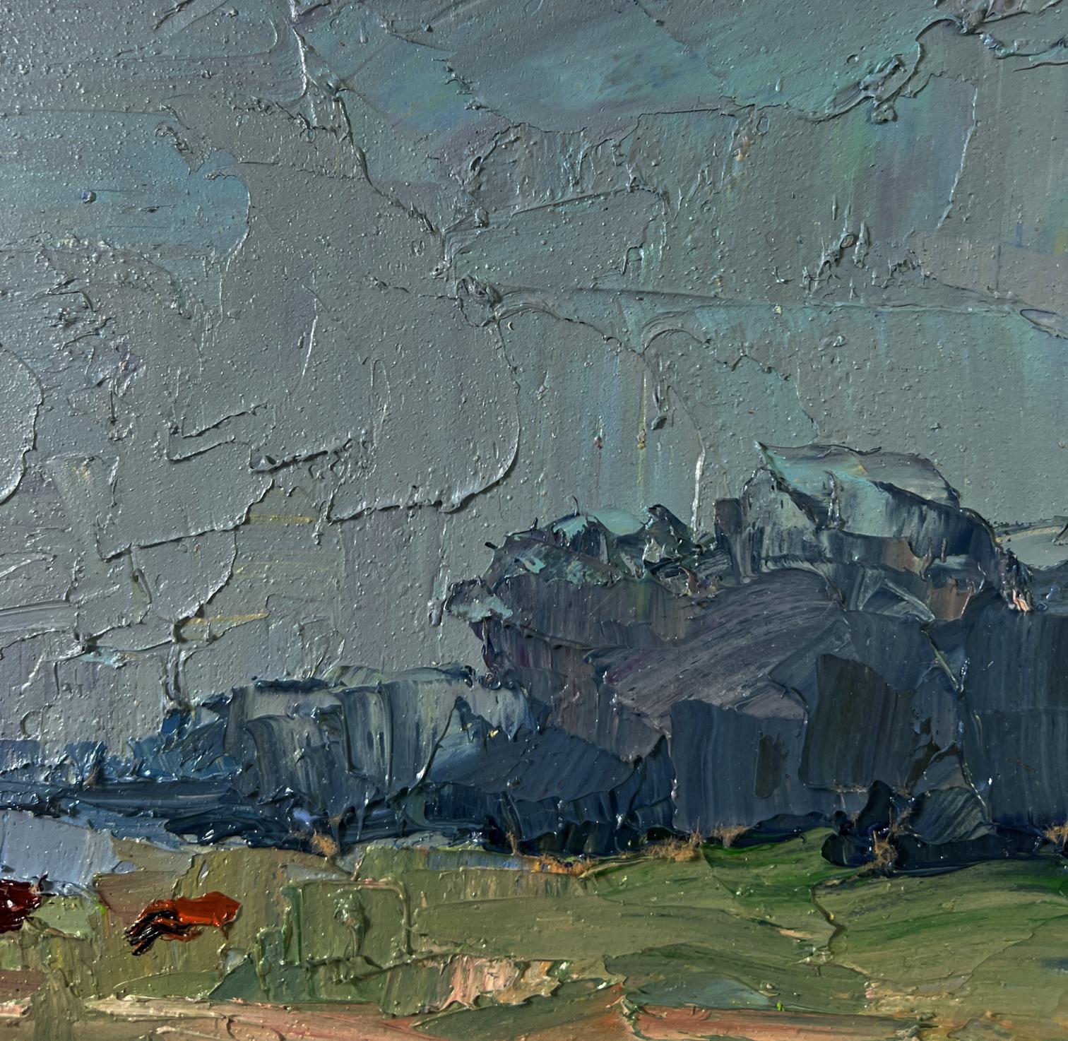 Textured impressionistic oil painting of field with cows by Boris Serdyuk