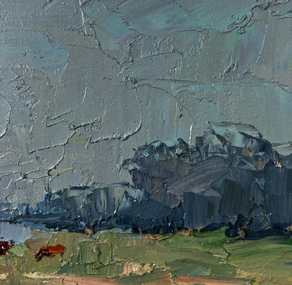 Textured impressionistic oil painting of field with cows by Boris Serdyuk