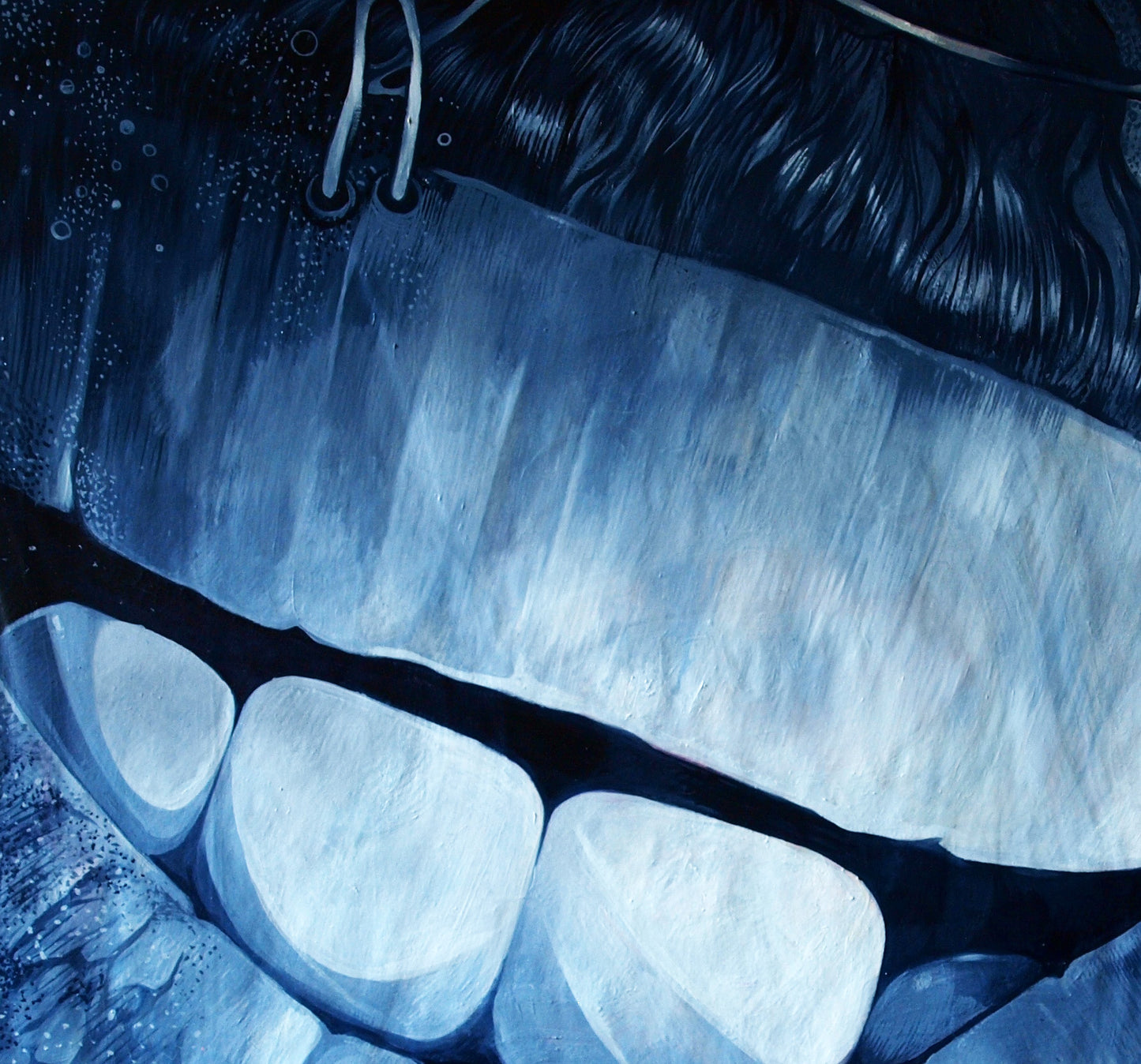 Close-up oil painting of glossy pale blue lips and teeth by Konsta G. Amelinn