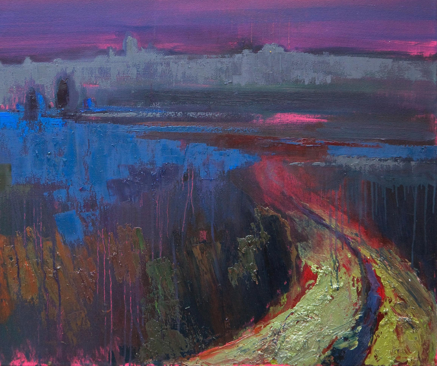 Oil painting Field In The Fog by Natalia Korf-Ivaniuk, abstract expressionist purples blues reds greens