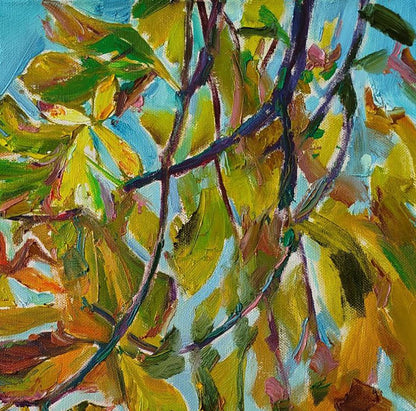 Vibrant oil painting of chestnut leaves by Leonid Pavlenko