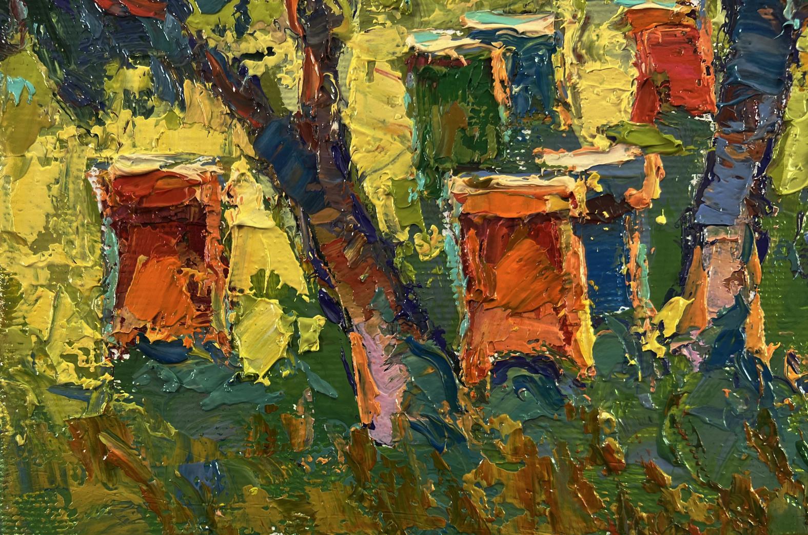 Vibrant oil painting Apiary in the forest by Oksana Ivanyuk