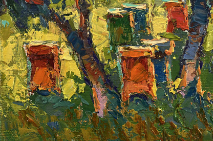 Vibrant oil painting Apiary in the forest by Oksana Ivanyuk