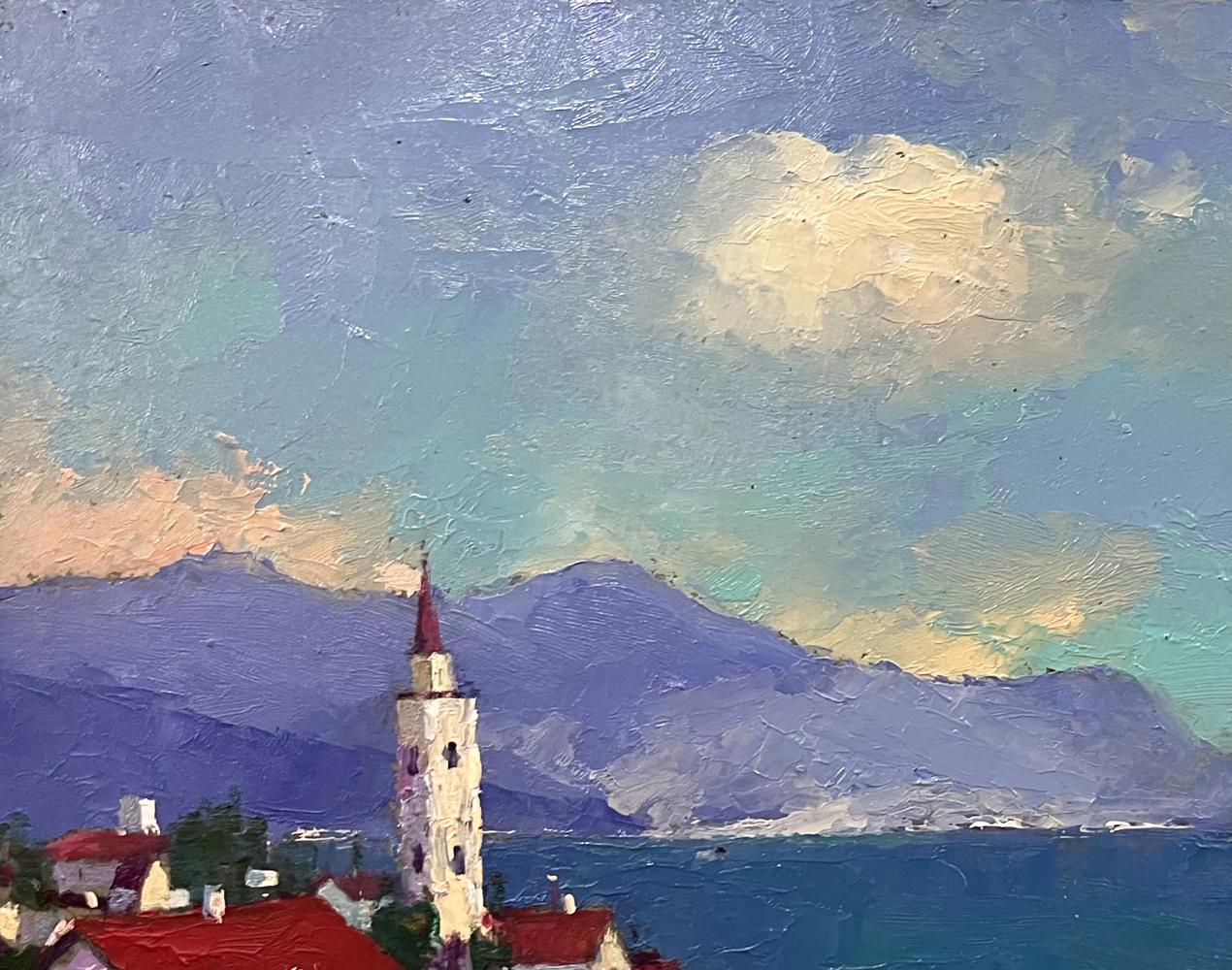 Oil painting of resort town with sea by Serhiy Rybak, white tower and mountains