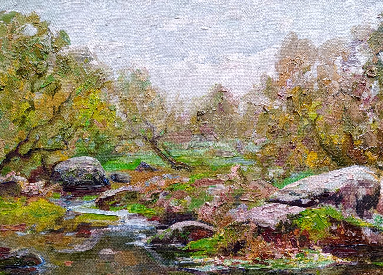 Oil painting On the River Bank by Leonid Pavlenko serene forest stream