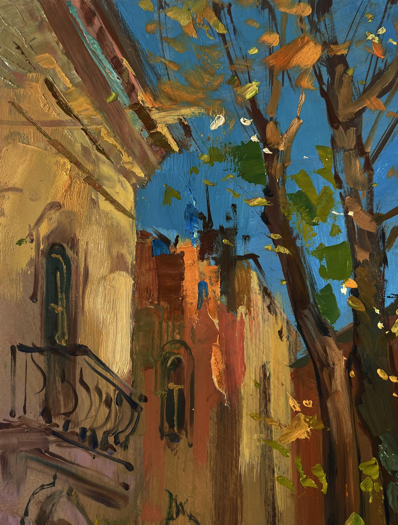 Oil painting Melancholic romance of autumn by Yuriy Suprunchuk vibrant alleyway