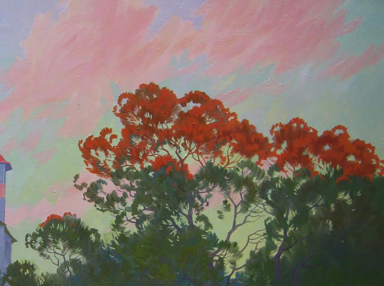 Oil painting Evening melody of bells by Valery Savenets vibrant red green trees pink sky
