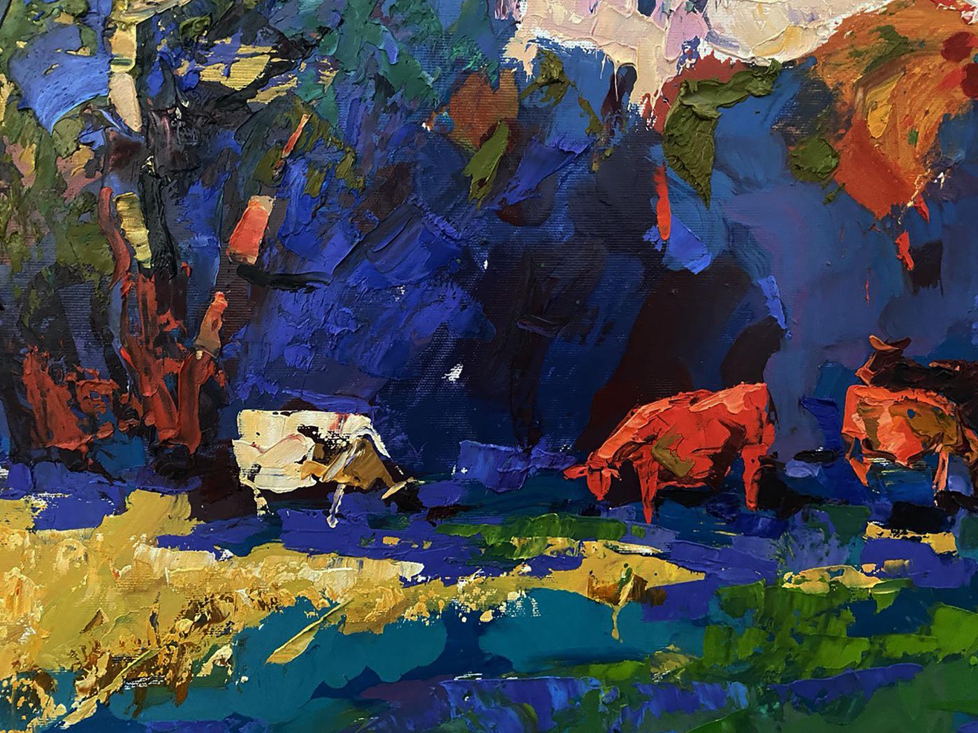 Vibrant oil painting of walking cows in field by Oleksiy Ivanyuk