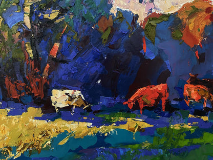 Vibrant oil painting of walking cows in field by Oleksiy Ivanyuk