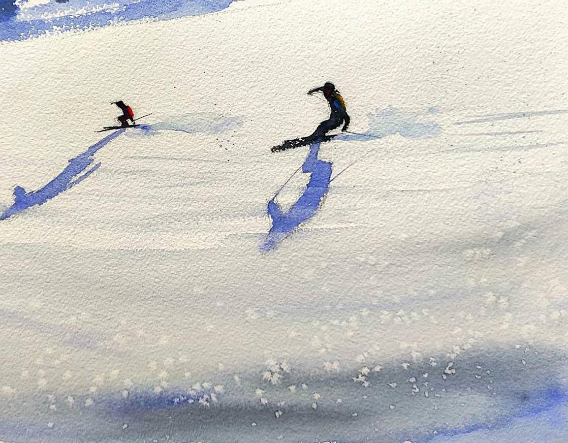 Watercolor painting Skiing Down the Winter Mountains Olena Klimenko
