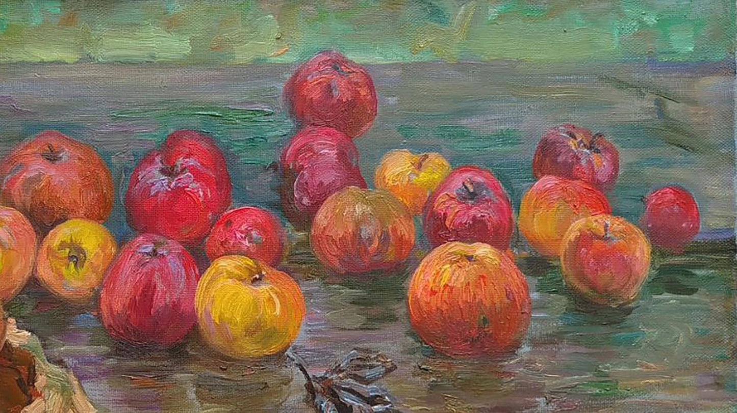 Oil painting Apples after the rain by Leonid Pavlenko, wet red yellow apples
