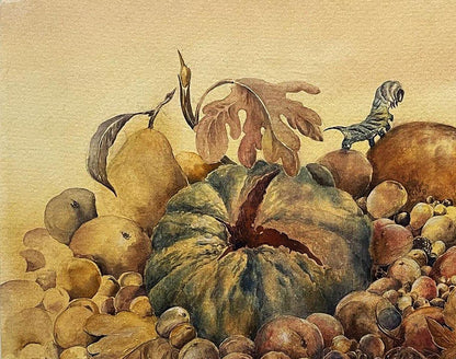 Watercolor still life painting of green brown pumpkin with red cavity by Dmytro Startsev