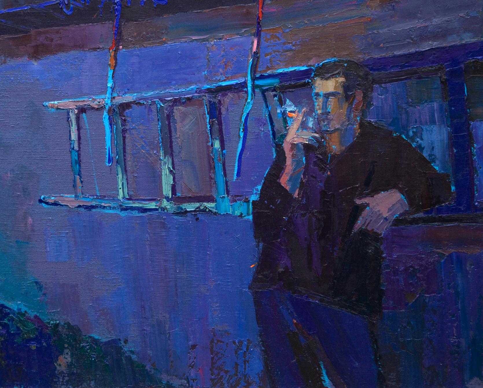 Oil painting Evening at home by Natalia Korf-Ivaniuk, man in dark jacket