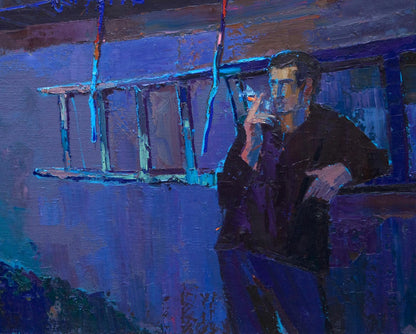 Oil painting Evening at home by Natalia Korf-Ivaniuk, man in dark jacket