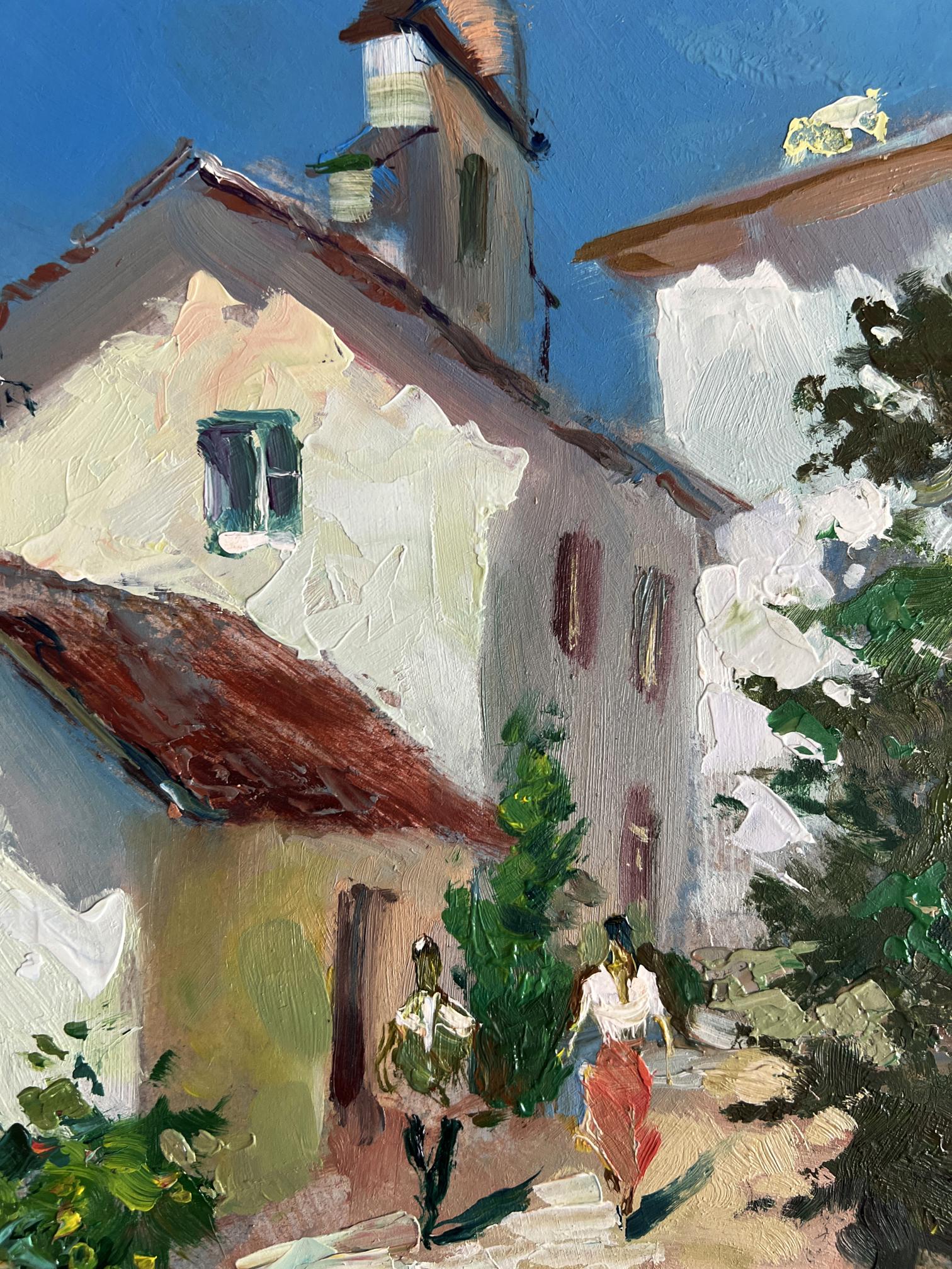 Textured oil painting by Yuriy Suprunchuk of sunlit old village street