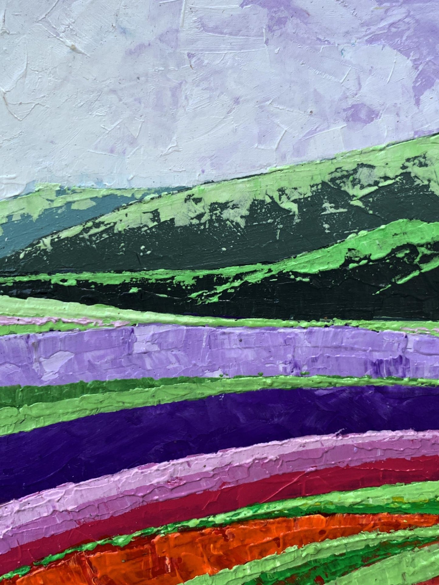 Vibrant oil painting of high green mountains by V. Zadorozhnya with bold stripes