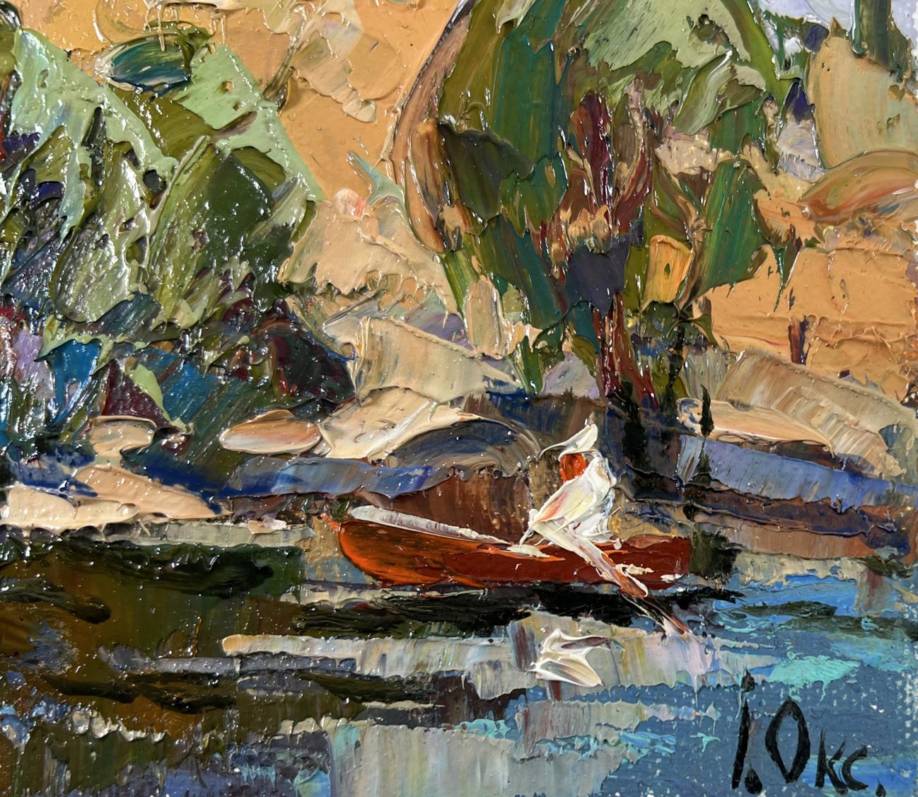 Vibrant impressionist oil painting High noon heat by Oksana Ivanyuk with red rowboat