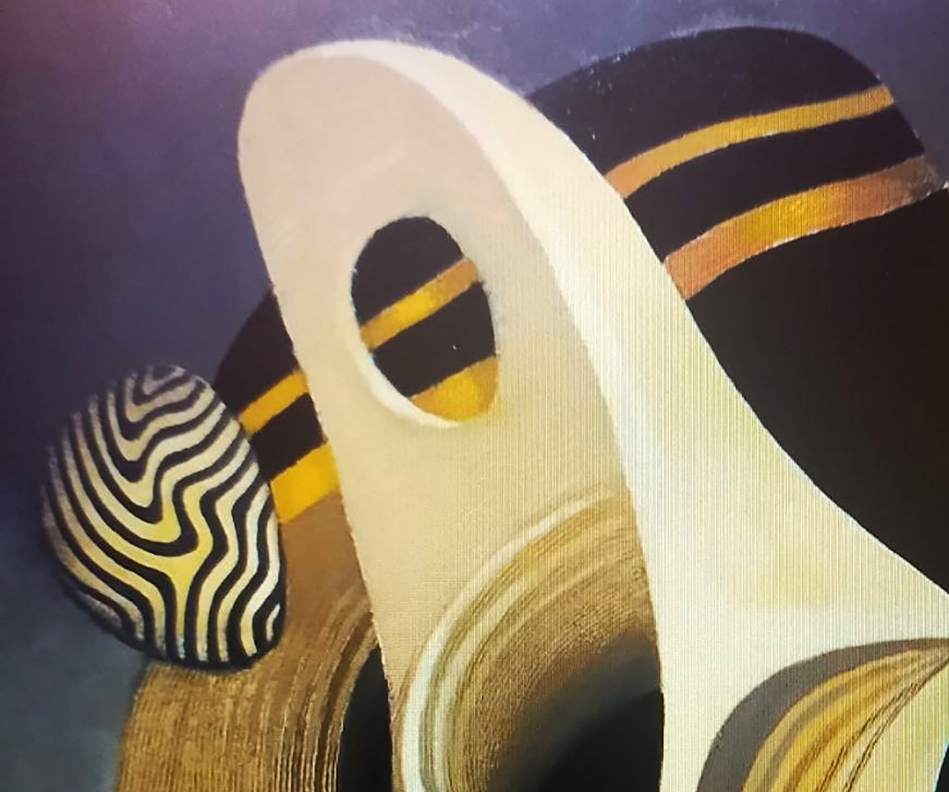 Oil painting by Alexander Strashevich: bold curved cream, black, gold forms
