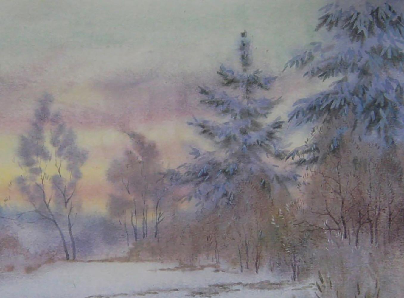 Watercolor painting Winter wind by Valery Savenets snowy forest twilight