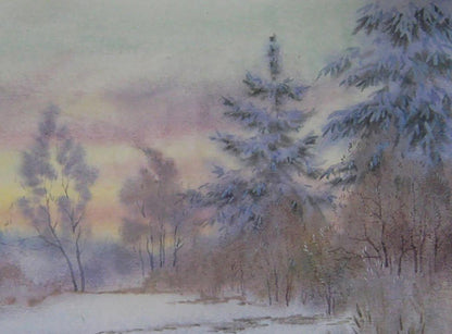 Watercolor painting Winter wind by Valery Savenets snowy forest twilight