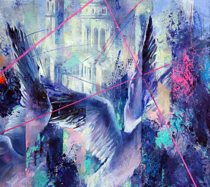 Oil painting Blue wind by Alexander Dobrodiy with textured blues, purples, pink lines