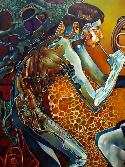 Oil painting Hiranyagarbha Konsta G. Amelinn: surreal biomechanical figure