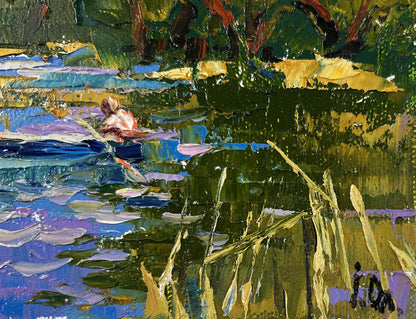 Vibrant impressionist oil painting of boat ride along river by Oleksiy Ivanyuk