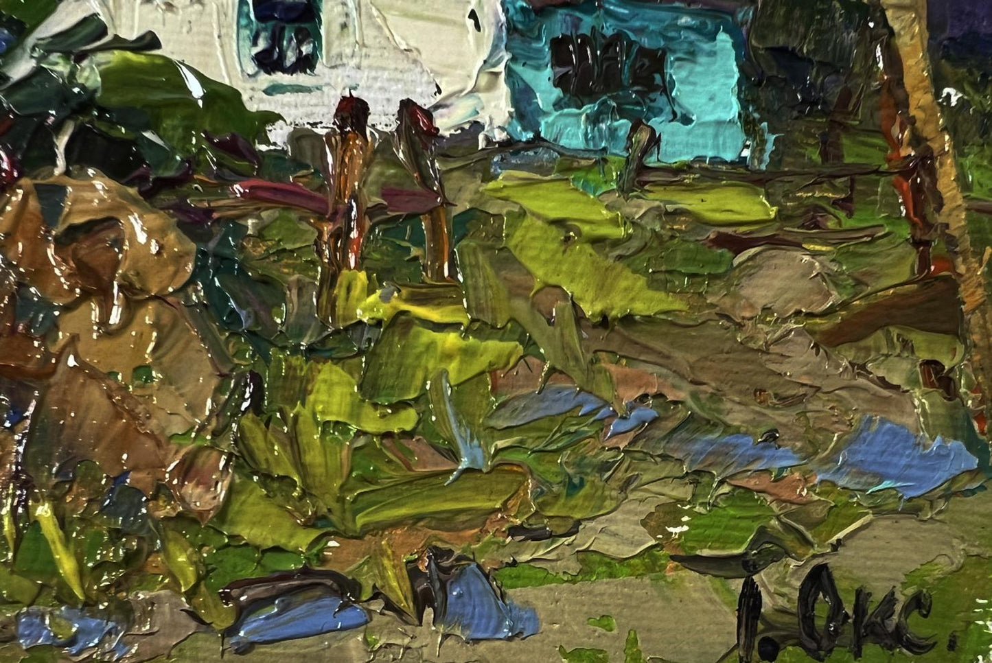 Oil painting Summer village by Oksana Ivanyuk with textured green foliage