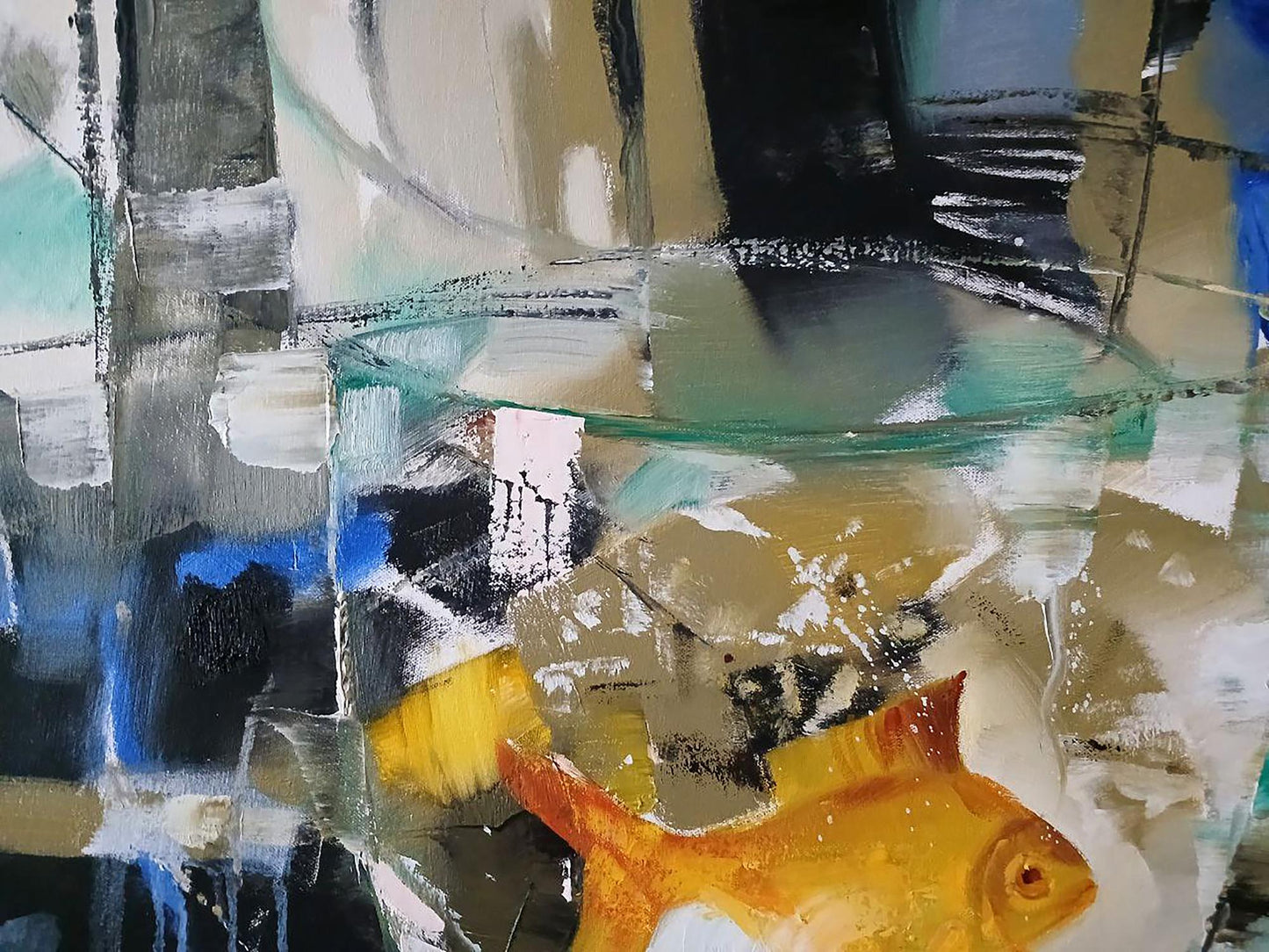Abstract oil painting of vibrant goldfish in bowl by Anatoly Tarabanov
