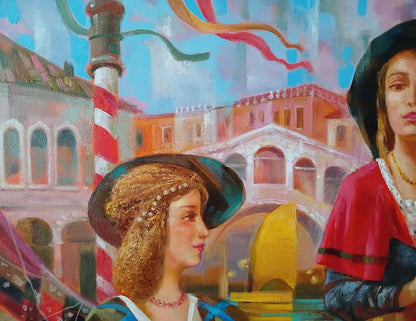 Abstract oil painting Carnival in Venice by Anatoly Tarabanov: woman in pearl hat and patterned dress