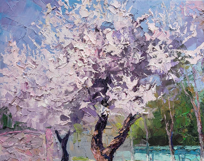 Oil painting of apricot blossom by Boris Serdyuk, textured lavender petals