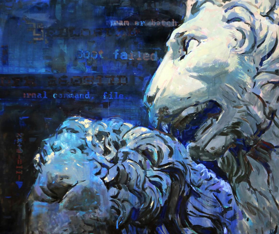 Textured blue-toned oil painting of lion head by Guards Ed Potapenkov