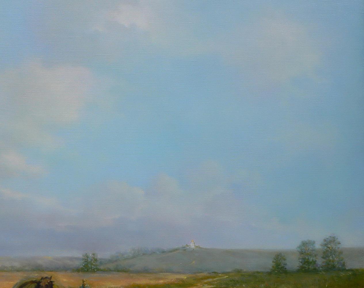 Oil painting by Vasily Korkishko: white building on misty hill amid wheat fields
