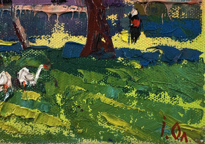 Oil painting Village morning by Oleksiy Ivanyuk with vibrant green yellow blue strokes red tree and white swans