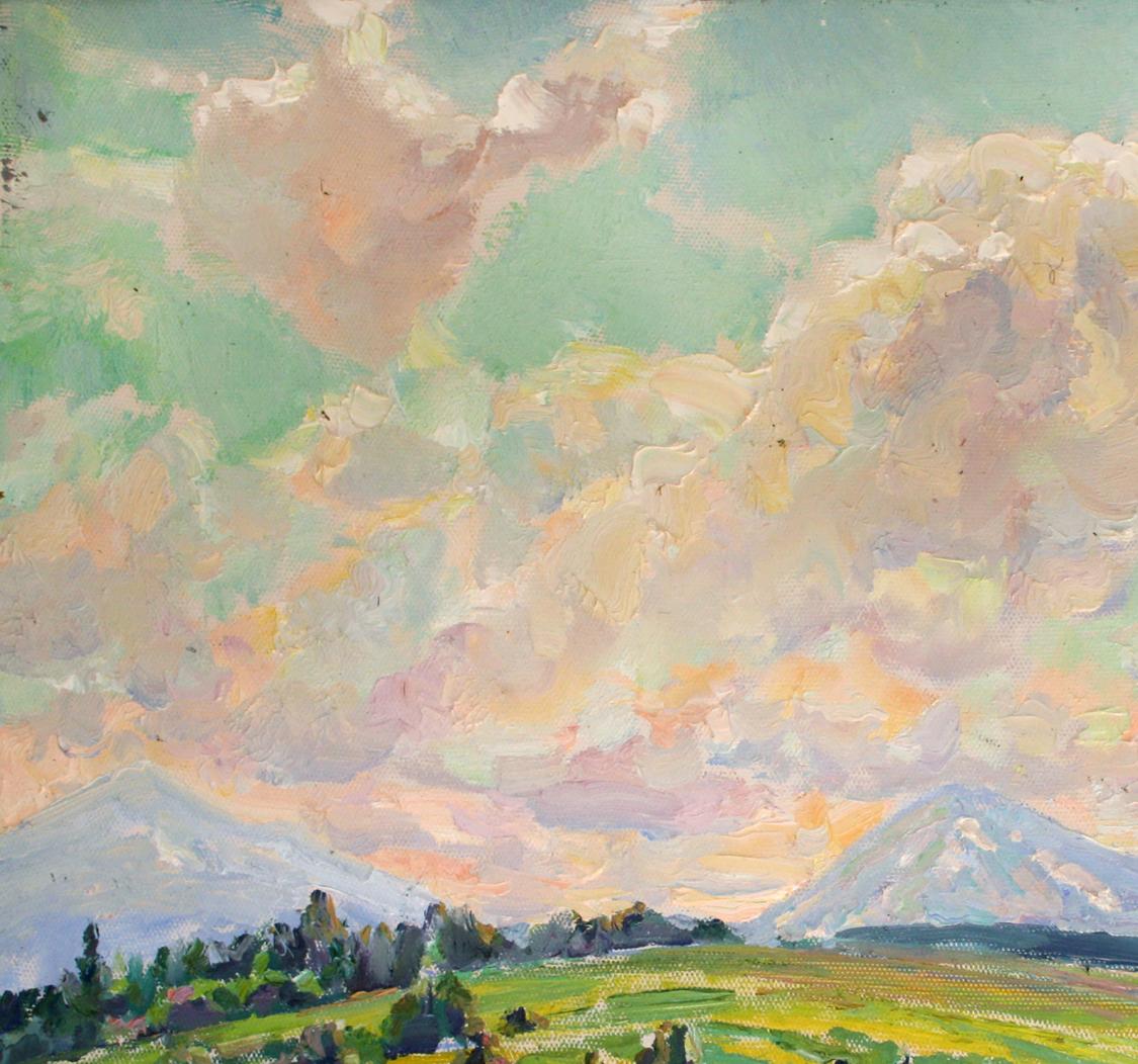 Oil painting Sunny day by Leonid Pavlenko: pastel sky, clouds, mountains