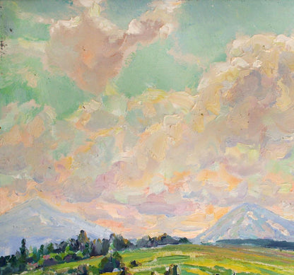 Oil painting Sunny day by Leonid Pavlenko: pastel sky, clouds, mountains