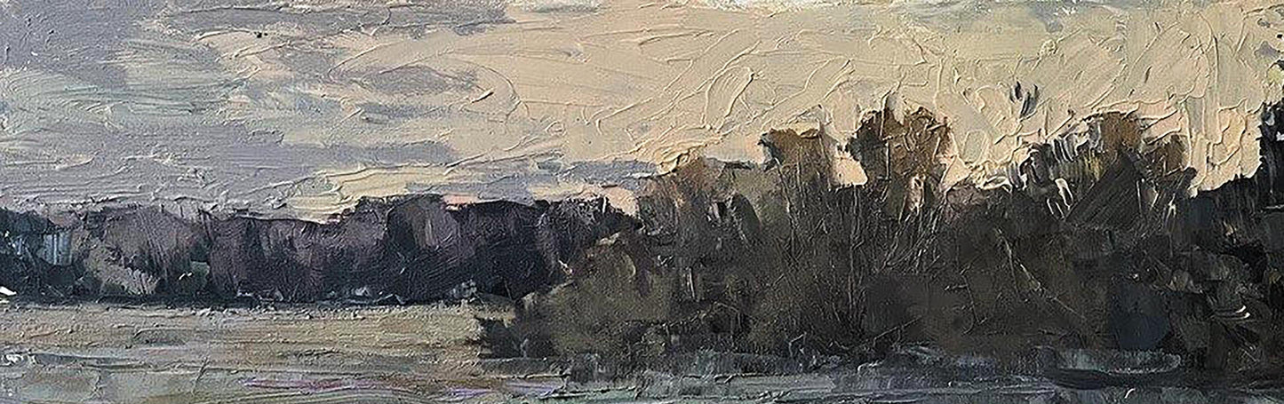 A textured, impressionistic landscape painting featuring a muted sky and dark silhouettes of trees against a calm body of water.