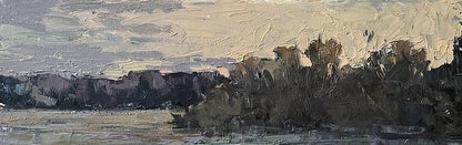 A textured, impressionistic landscape painting featuring a muted sky and dark silhouettes of trees against a calm body of water.