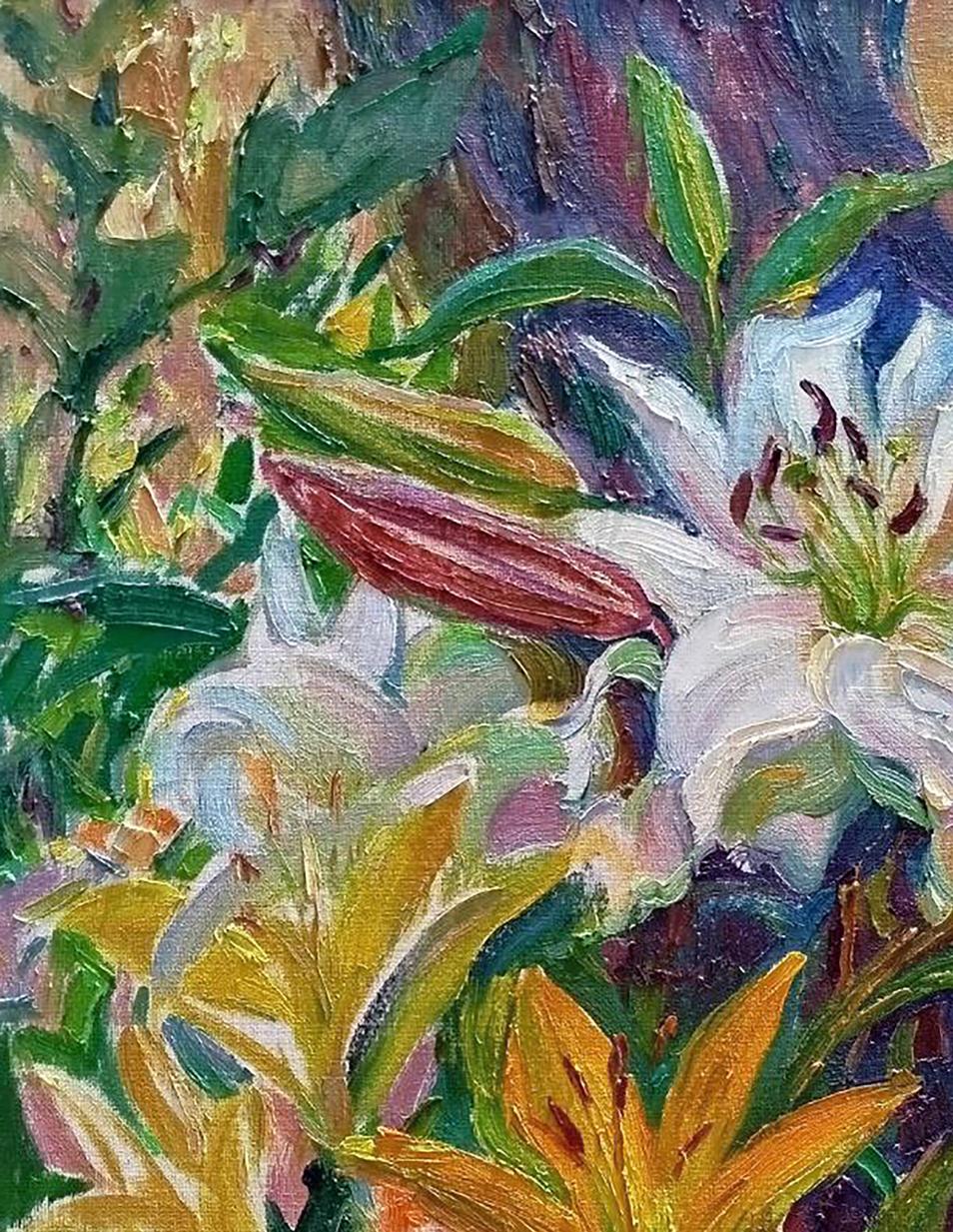 Vibrant oil painting of blooming lilies by Leonid Pavlenko
